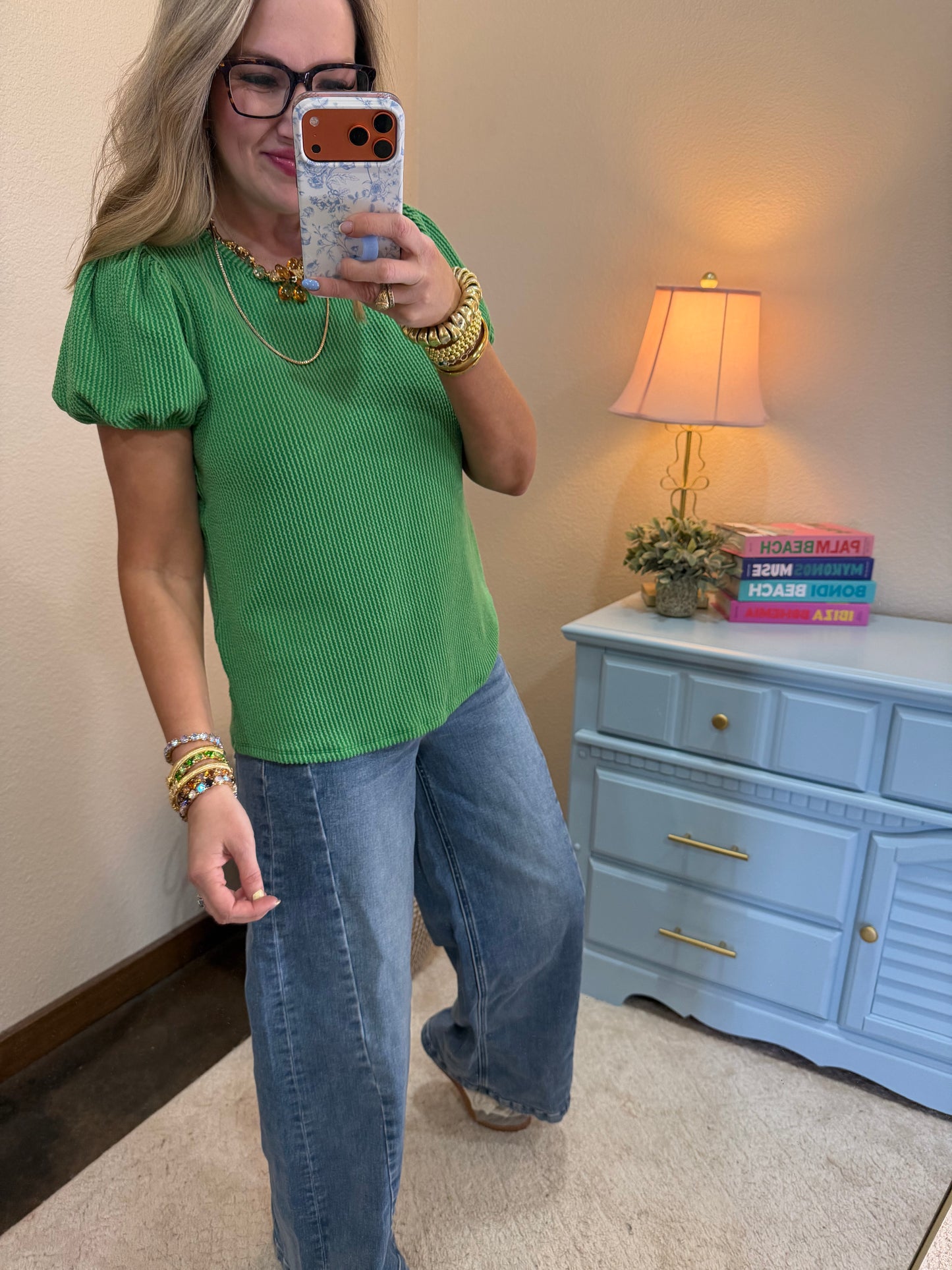 Green Ribbed Puff Sleeve Top