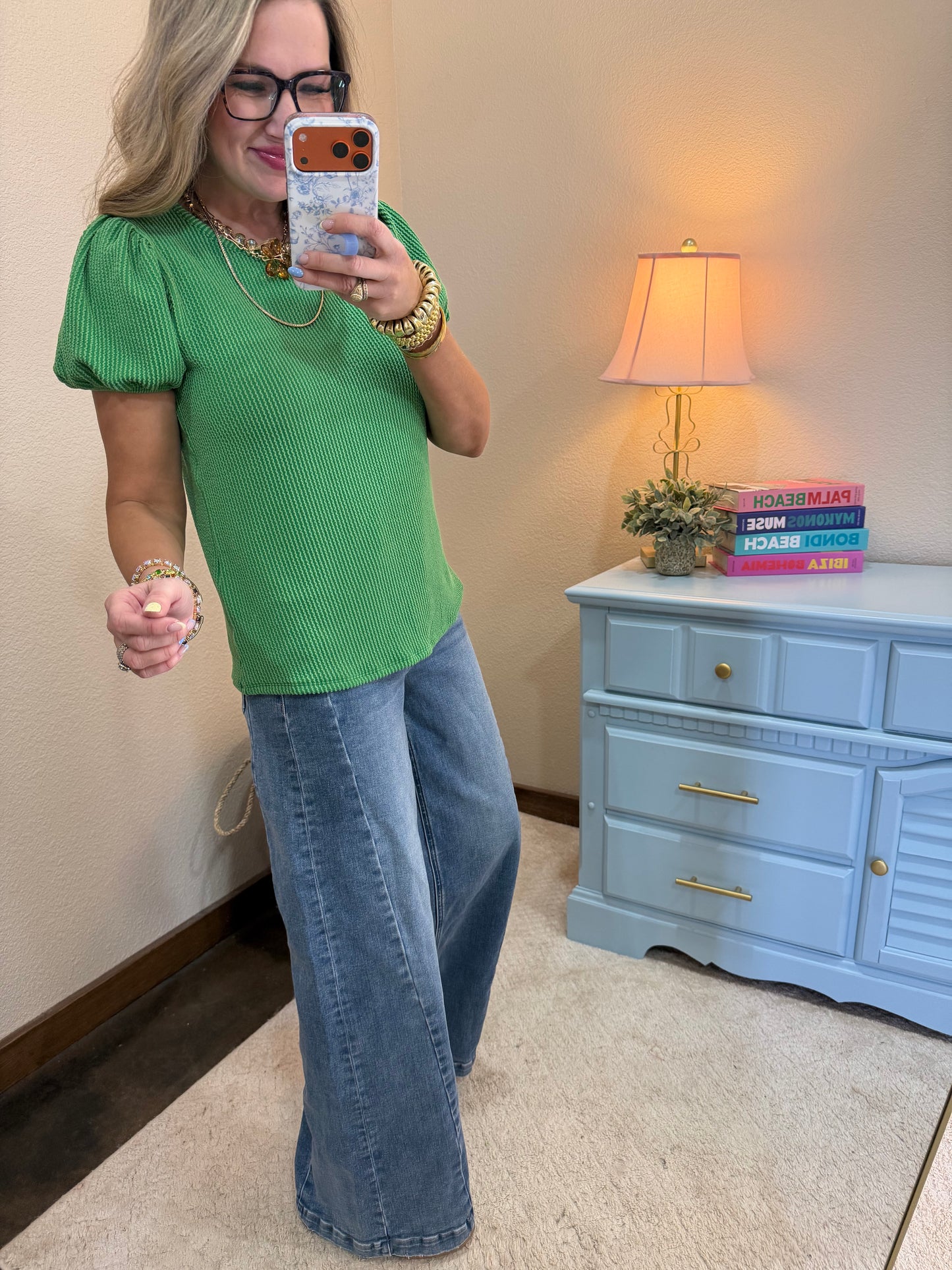 Green Ribbed Puff Sleeve Top