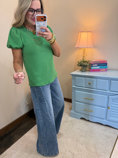 Green Ribbed Puff Sleeve Top