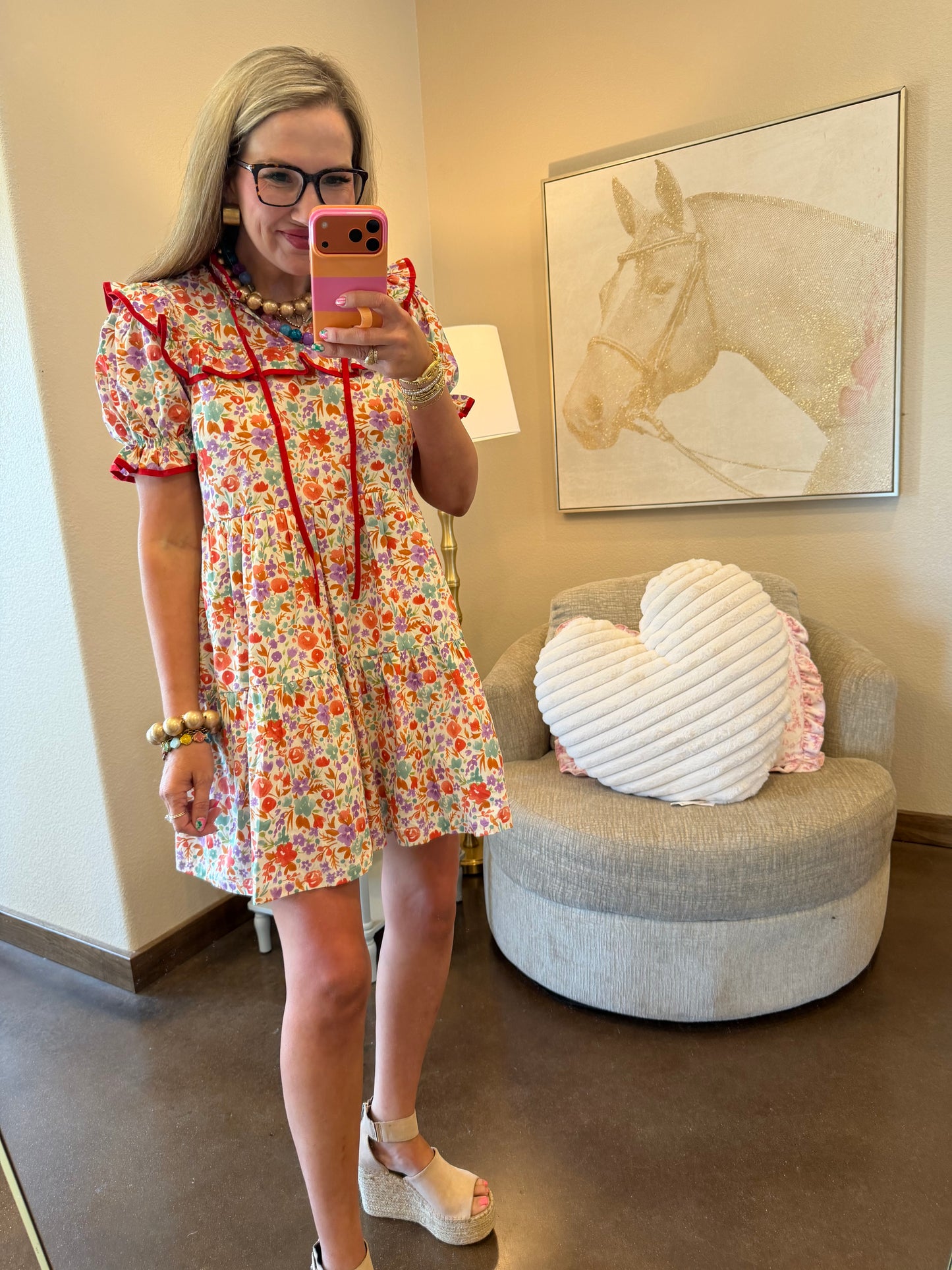 Red Ruffle Trim Floral Babydoll Dress