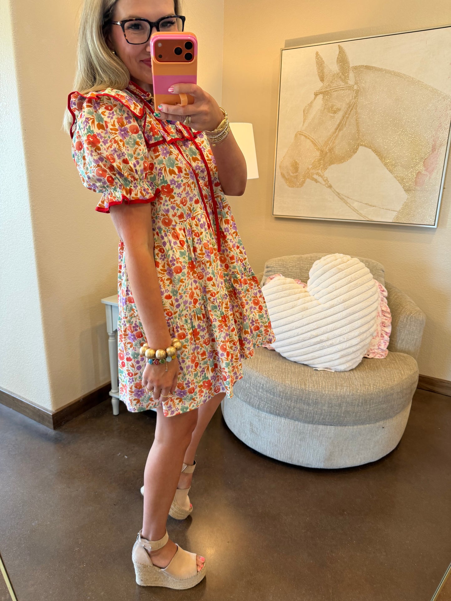 Red Ruffle Trim Floral Babydoll Dress