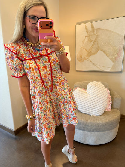 Red Ruffle Trim Floral Babydoll Dress
