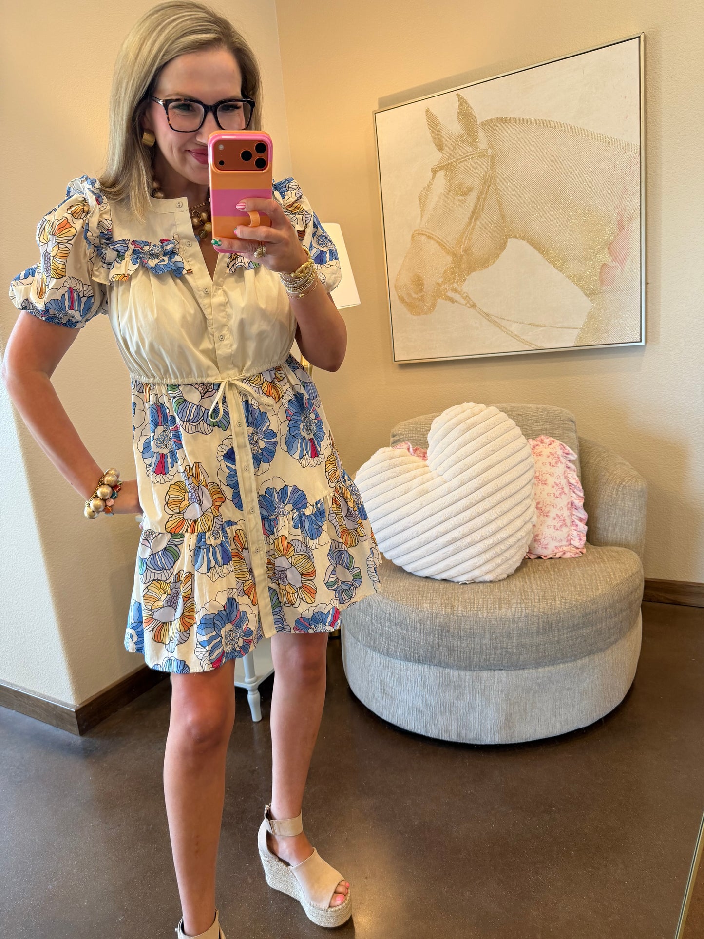 Blue Mix Mandarin Neck Button Up Mini Dress