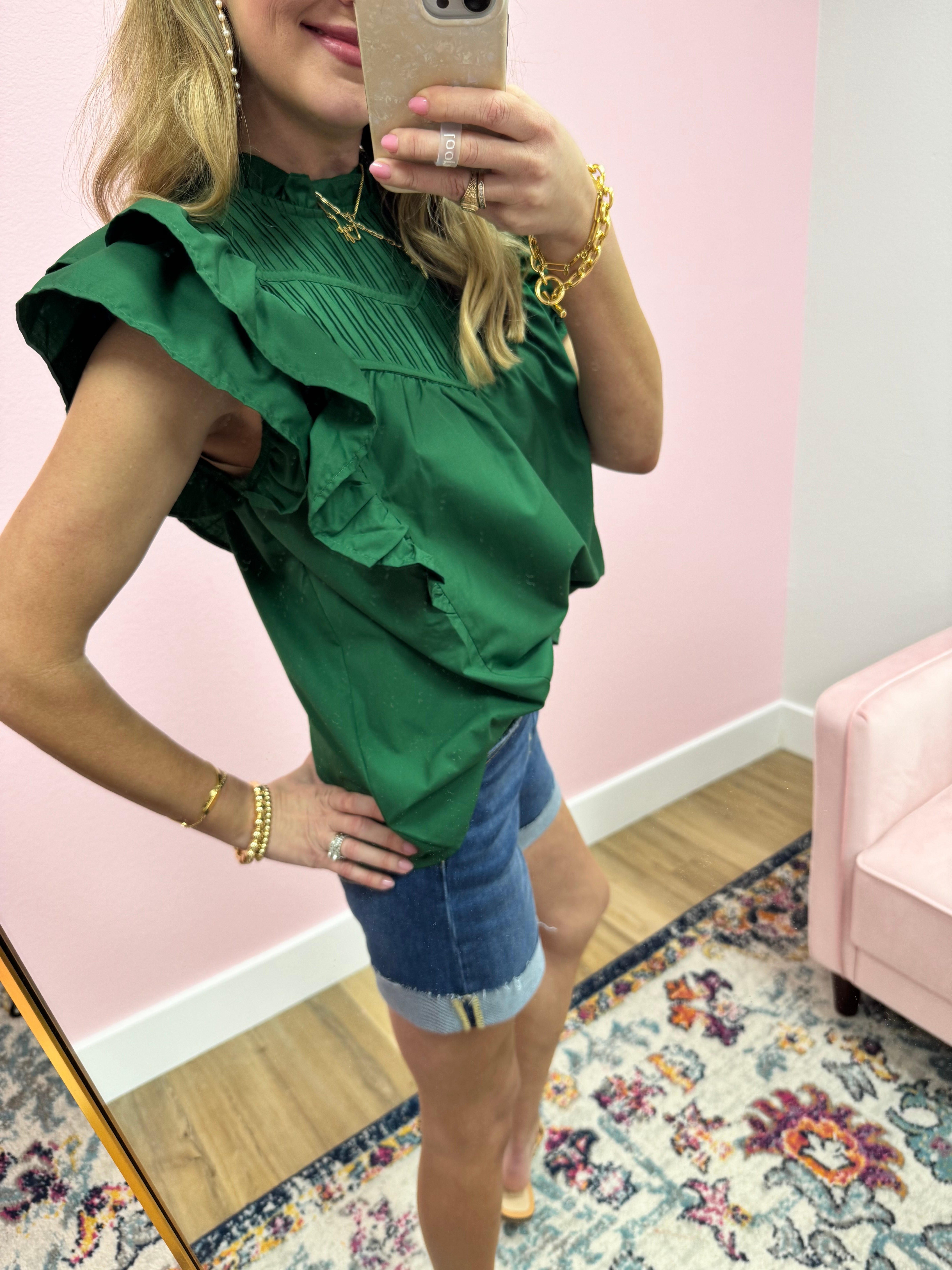 Green Pleated Front Ruffle Sleeve Top