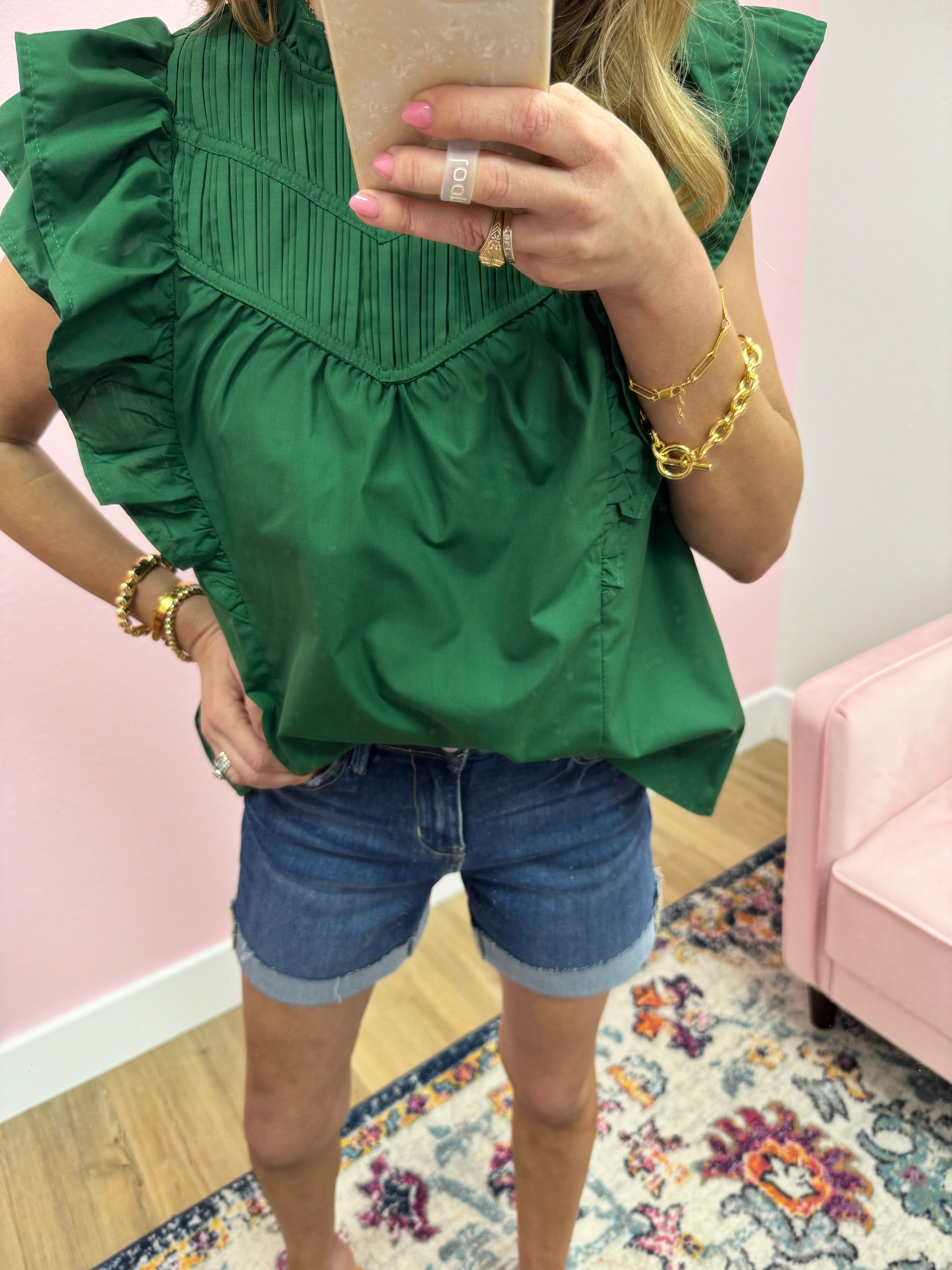 Green Pleated Front Ruffle Sleeve Top