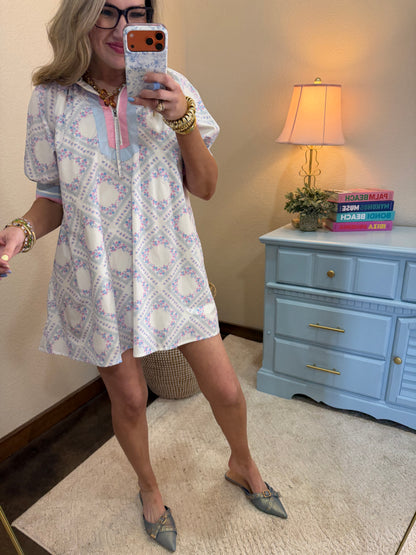 Light Blue Scarf Floral Printed  Poplin Semi Zip Dress
