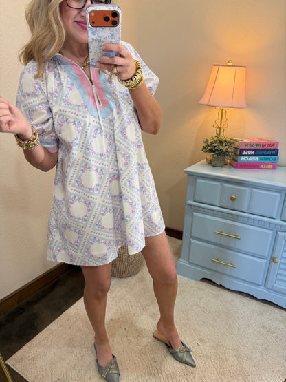 Light Blue Scarf Floral Printed  Poplin Semi Zip Dress