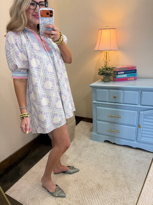 Light Blue Scarf Floral Printed  Poplin Semi Zip Dress