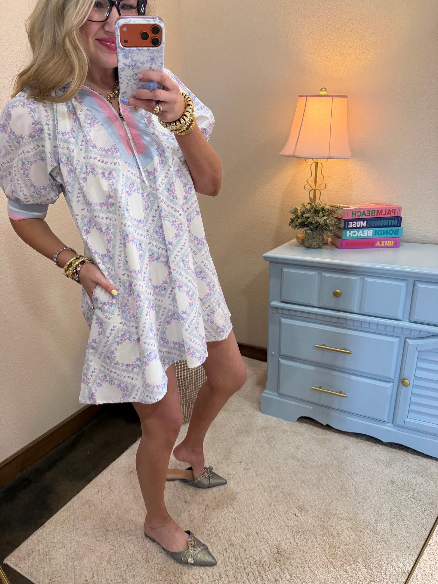 Light Blue Scarf Floral Printed  Poplin Semi Zip Dress