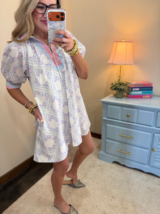 Light Blue Scarf Floral Printed  Poplin Semi Zip Dress