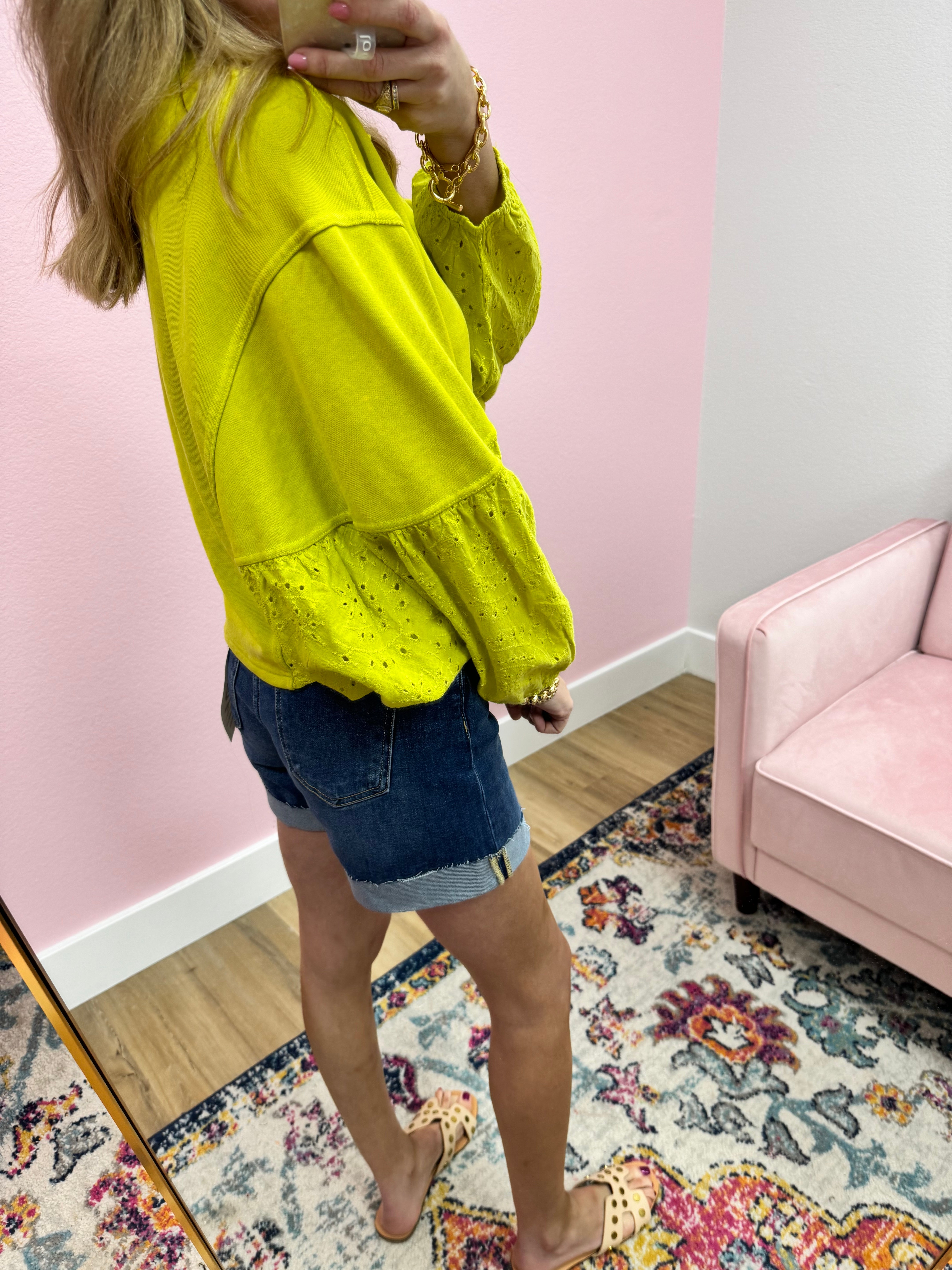 Washed Lime Eyelet Sleeve Top