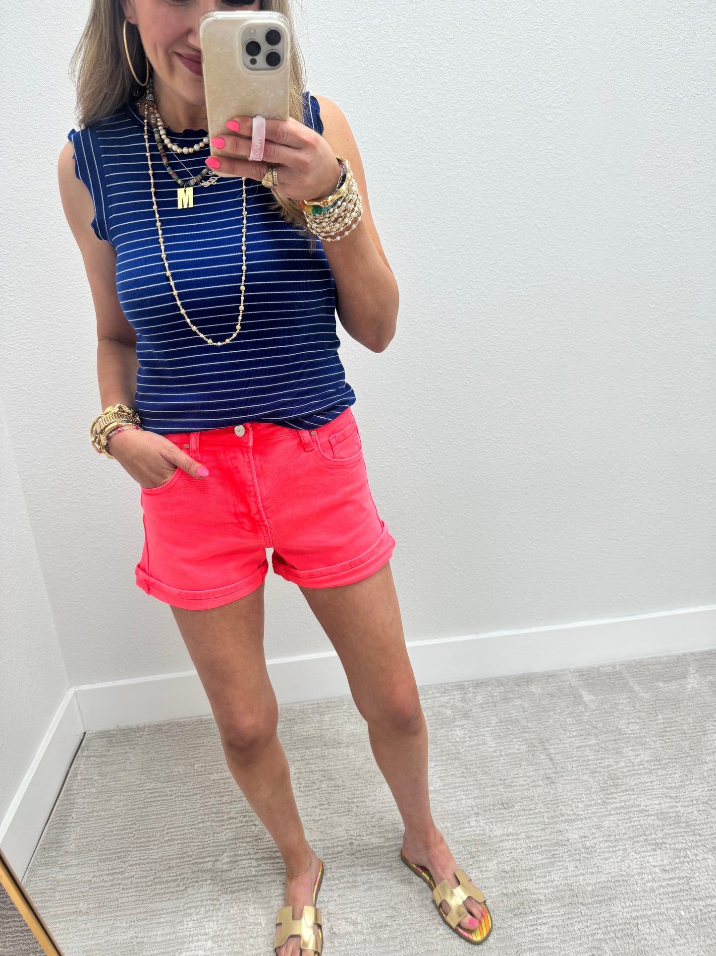 Risen Neon Coral Tummy Control High Rise Cuffed Shorts FS