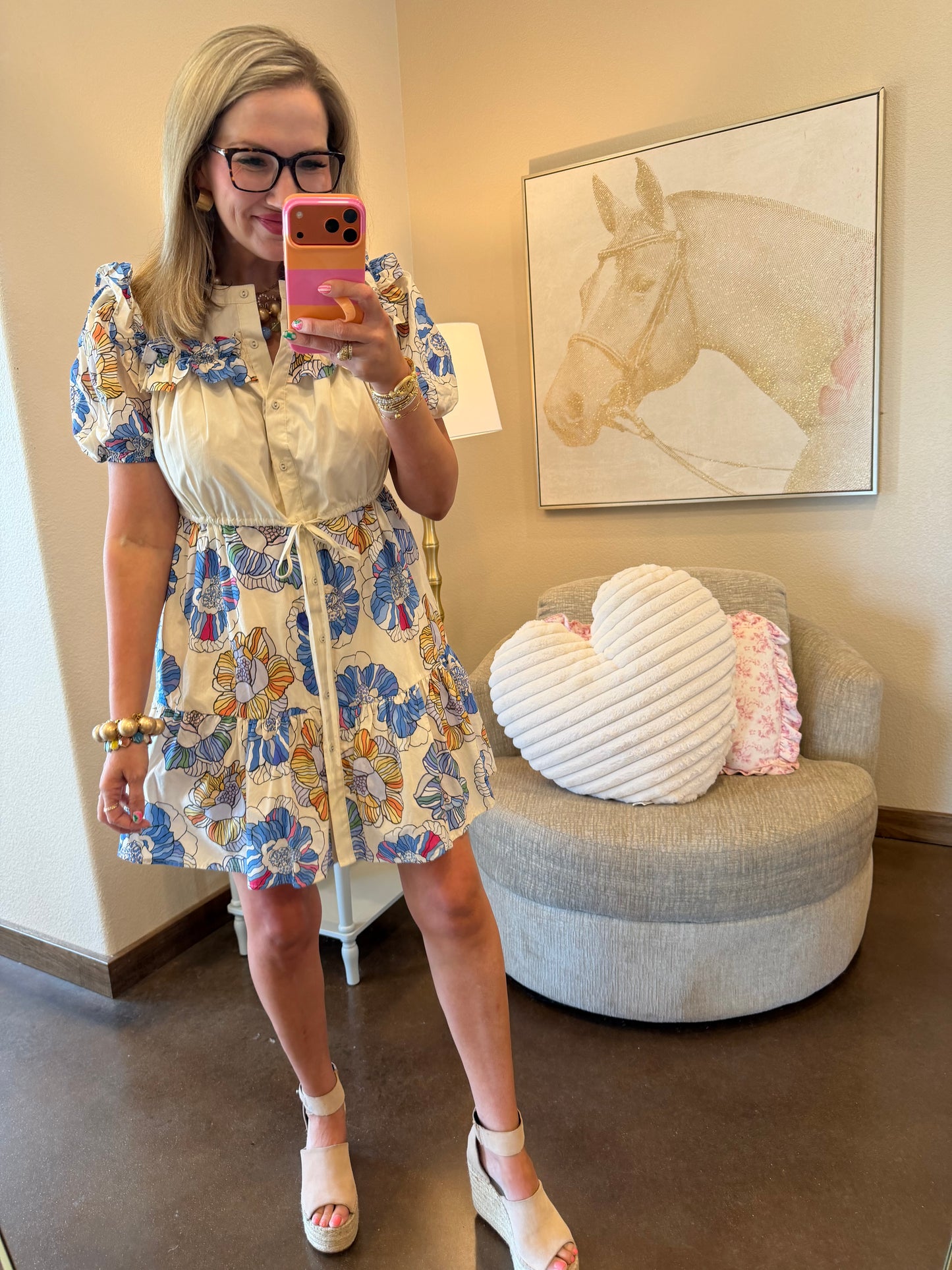 Blue Mix Mandarin Neck Button Up Mini Dress