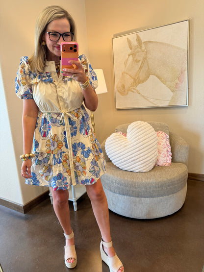 Blue Mix Mandarin Neck Button Up Mini Dress