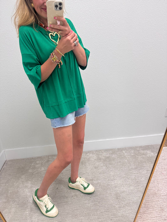 Kelly Green Ribbed Half Sleeve Top