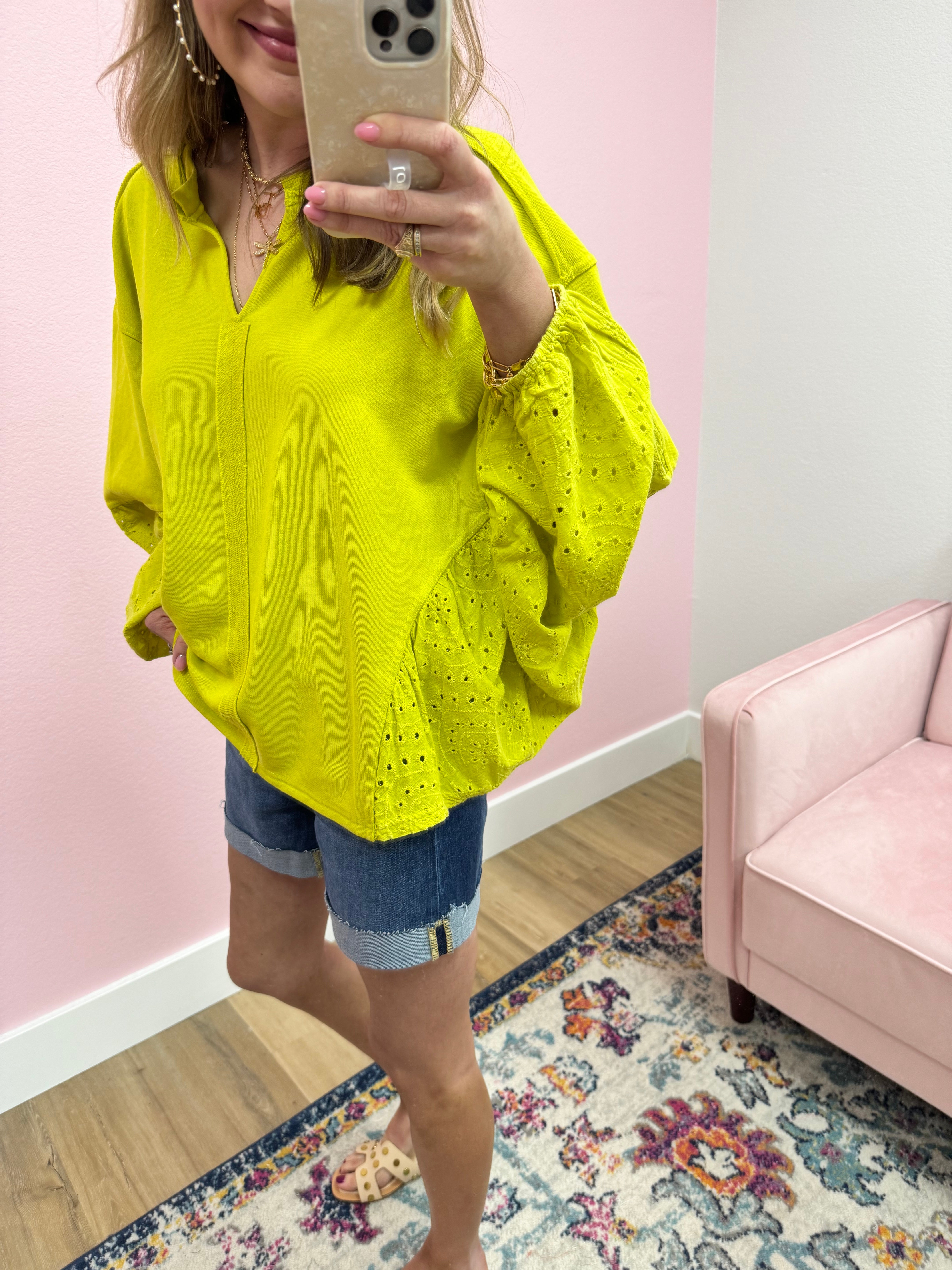 Washed Lime Eyelet Sleeve Top
