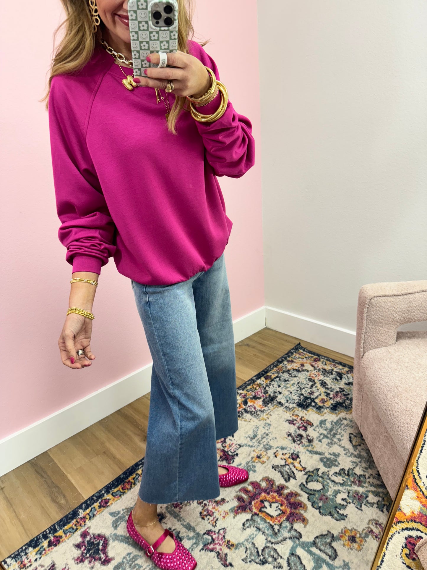 Magenta Scuba Split Neck Pullover FS