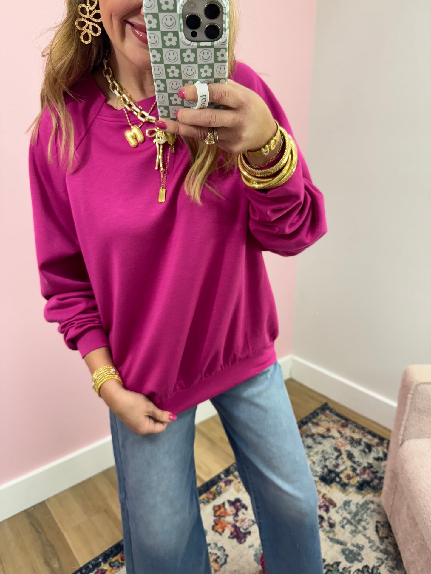 Magenta Scuba Split Neck Pullover FS