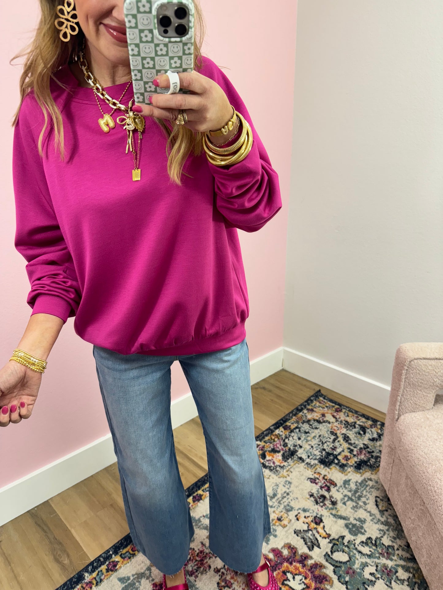 Magenta Scuba Split Neck Pullover FS