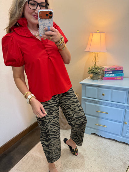 Red Ruffle Trim High Neck Button Blouse