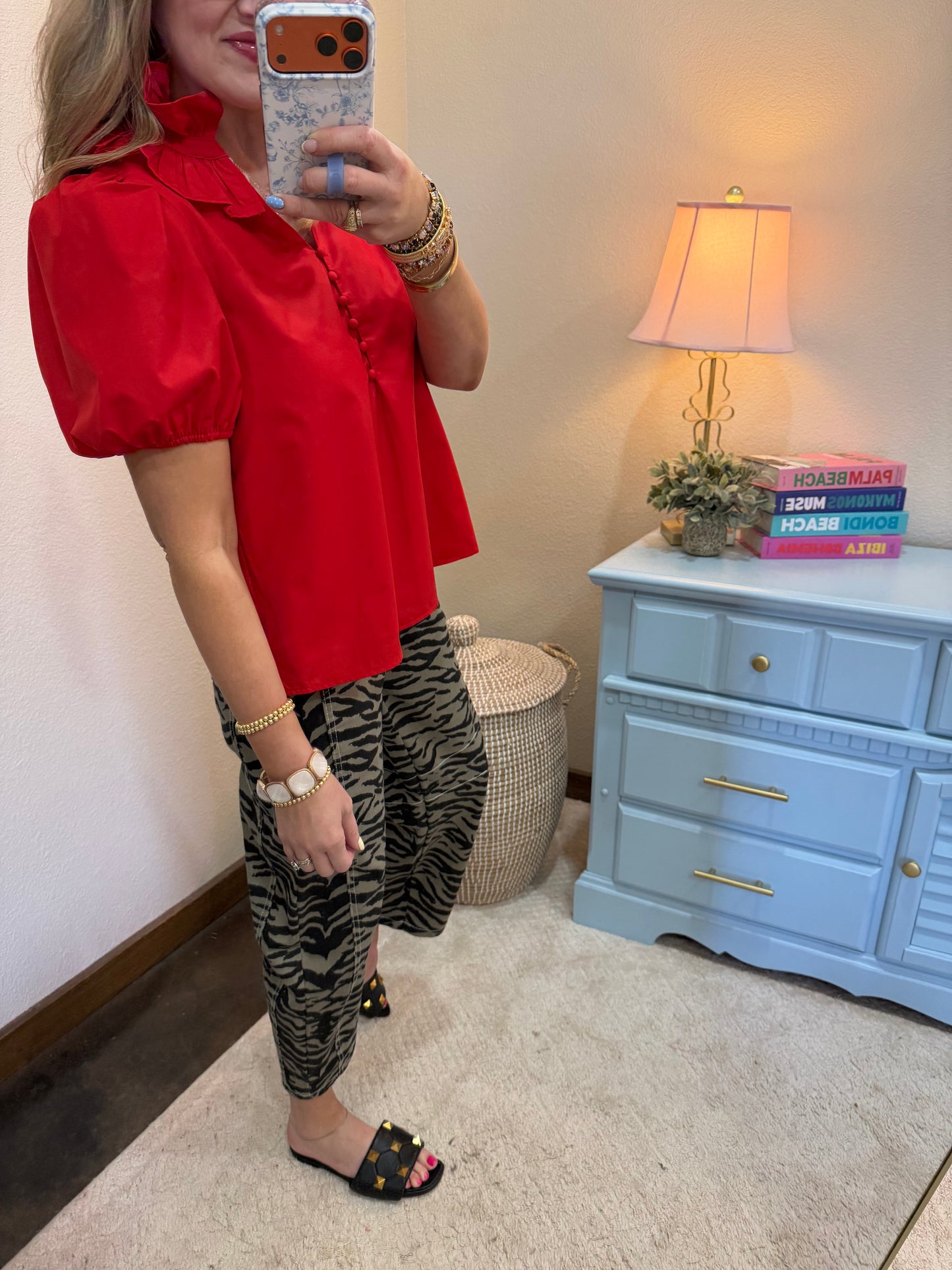 Red Ruffle Trim High Neck Button Blouse