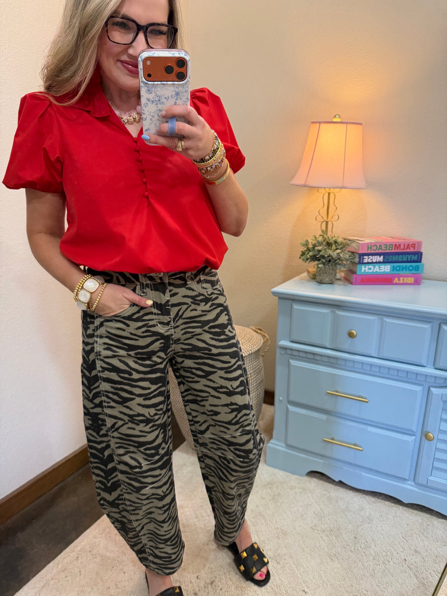 Red Ruffle Trim High Neck Button Blouse