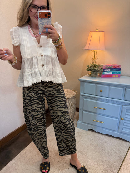 Off White Tawill Denim Pintuck Pleated  Button Up Top