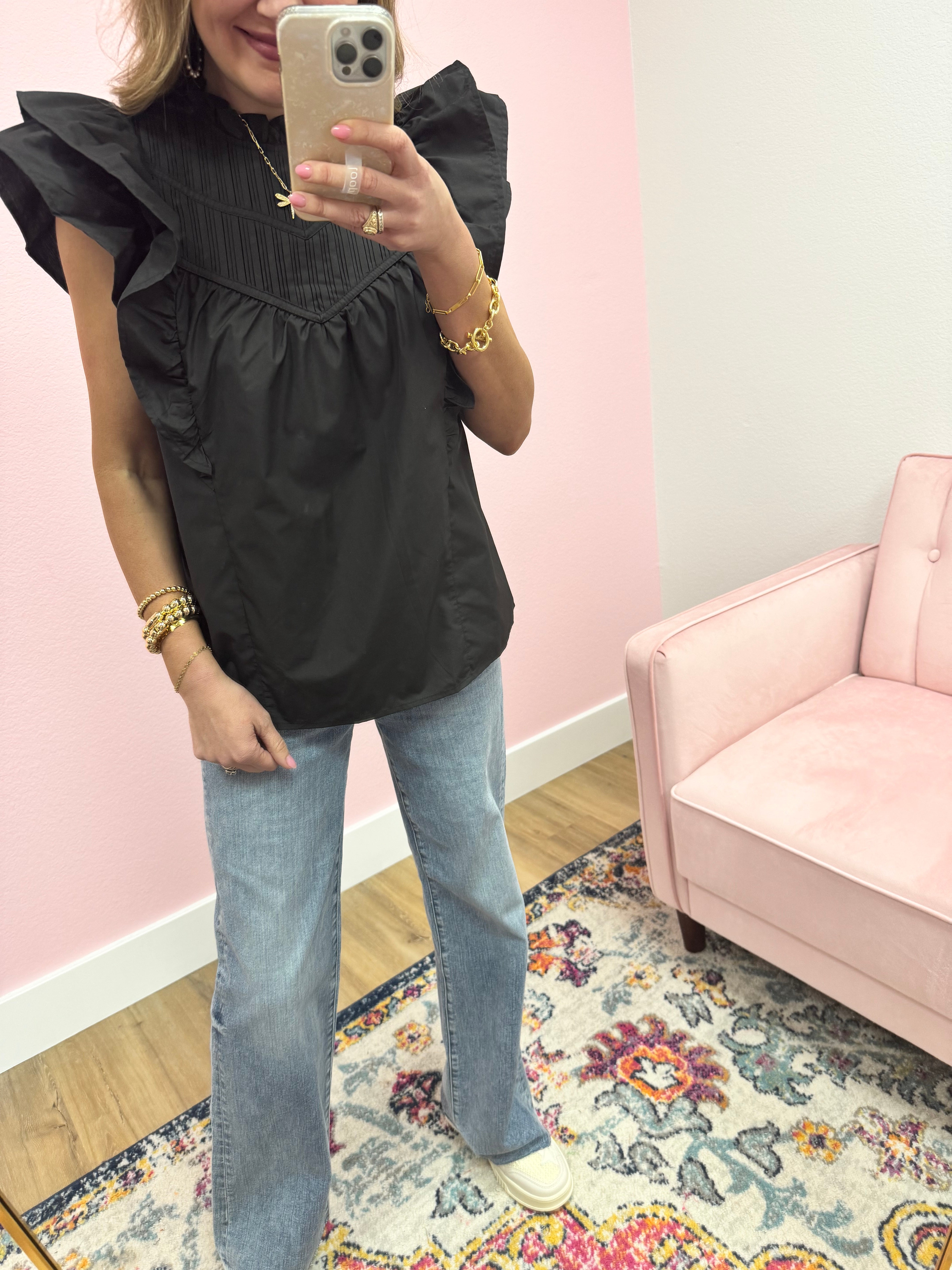 Black Pleated Front Ruffle Sleeve Top