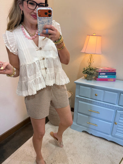 Off White Tawill Denim Pintuck Pleated  Button Up Top