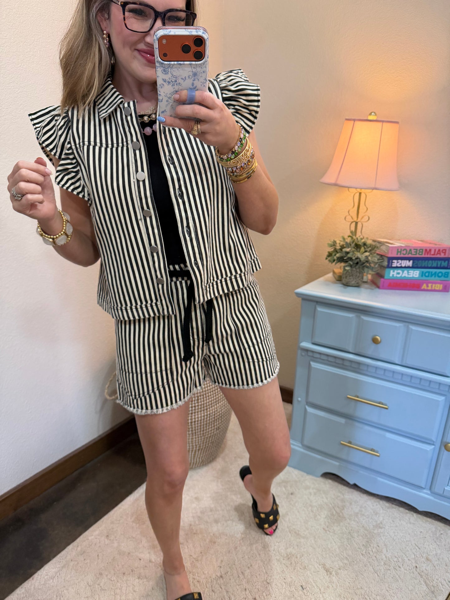 Black Braided Belt Stripe Casual Shorts