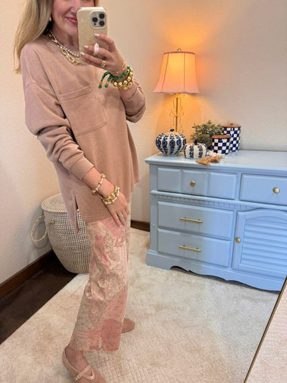 Dark Taupe Crew Neck Single Pocket Pullover Sweatshirt