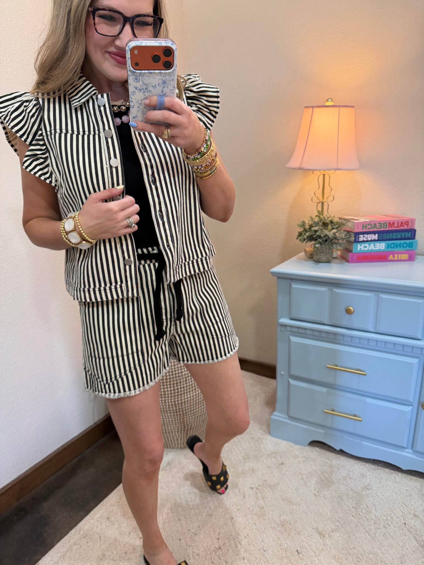 Black Braided Belt Stripe Casual Shorts