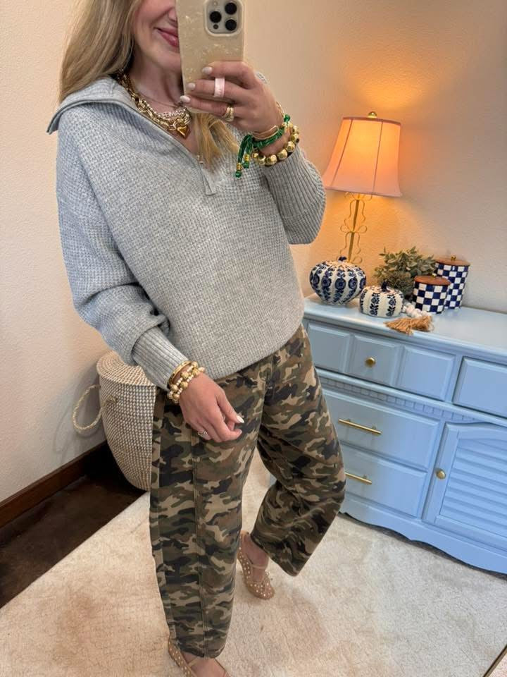 Grey Half Zip High Collared Pullover Sweater