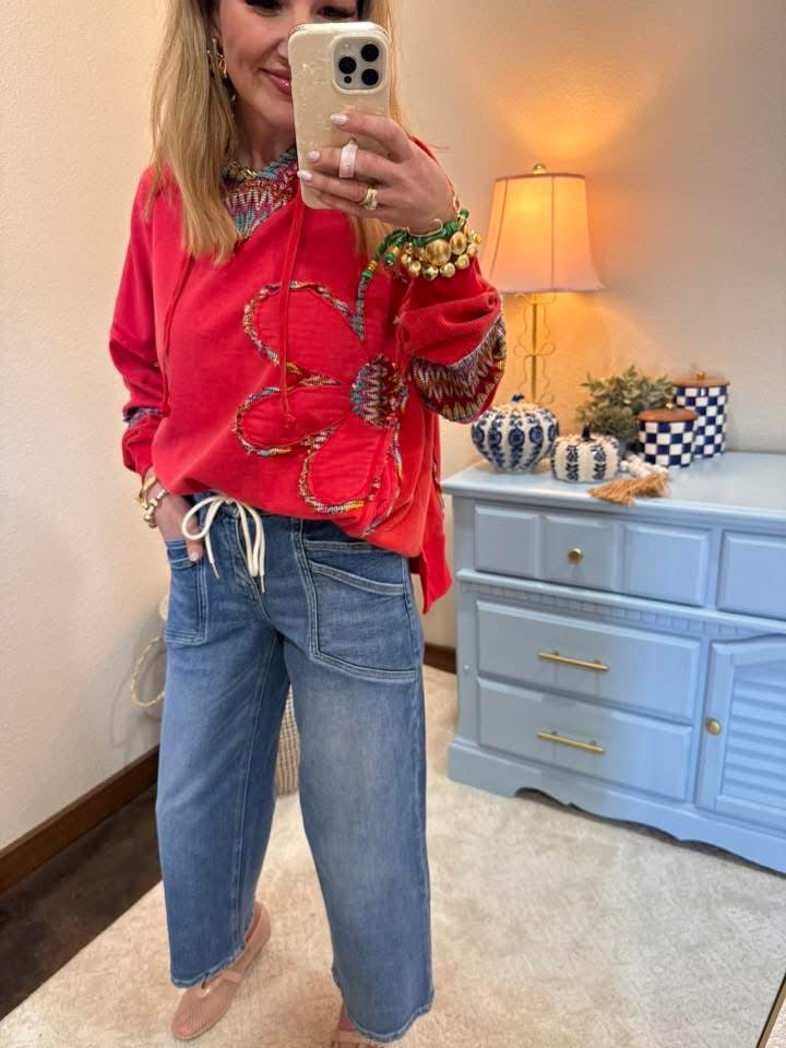 Poppy Red Daisy Patch Hooded Sweat Shirt