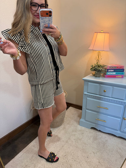 Black Braided Belt Stripe Casual Shorts