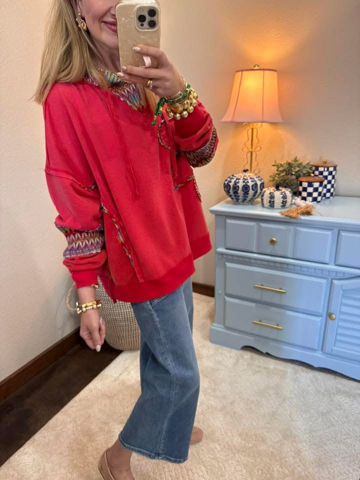 Poppy Red Daisy Patch Hooded Sweat Shirt