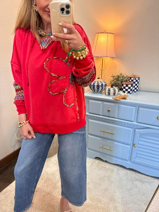 Poppy Red Daisy Patch Hooded Sweat Shirt