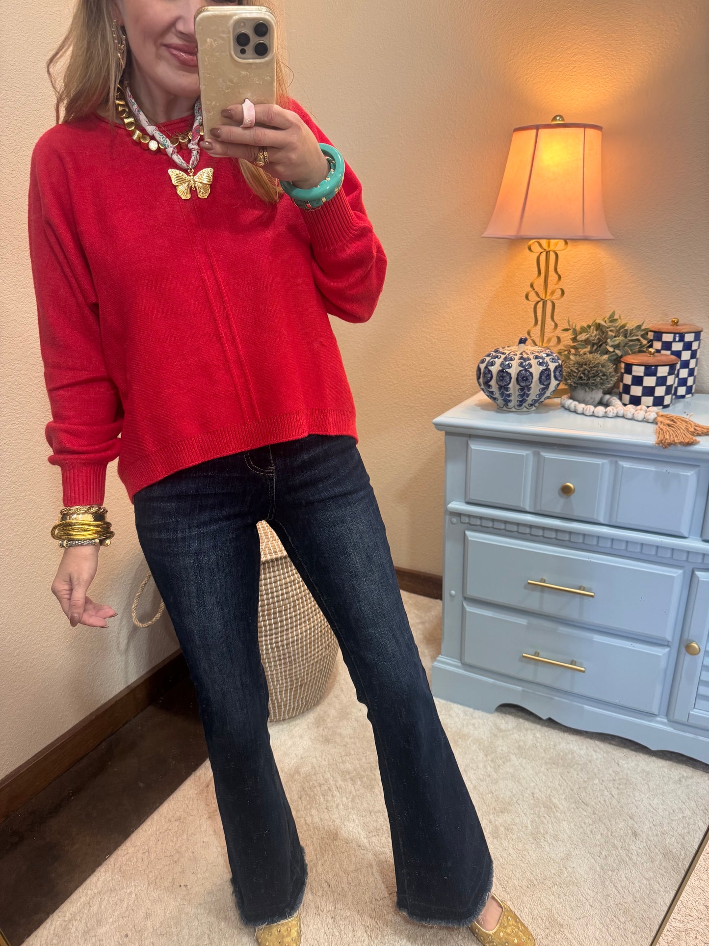 Red Viscose Front Seam Round-Neck Sweater