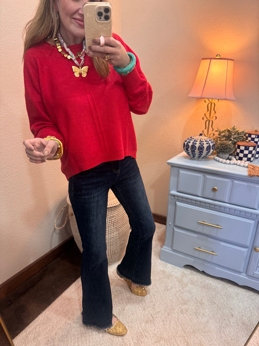 Red Viscose Front Seam Round-Neck Sweater