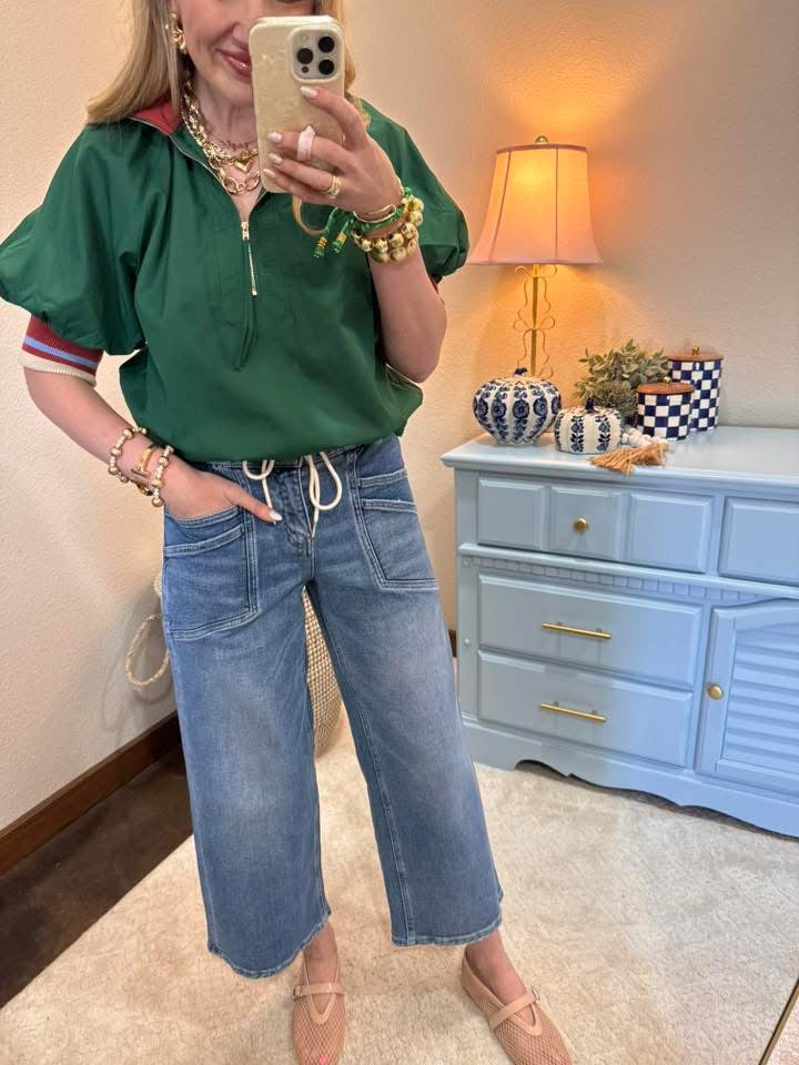 Green Colored Collar 1/2 Zip Puff Sleeve Top