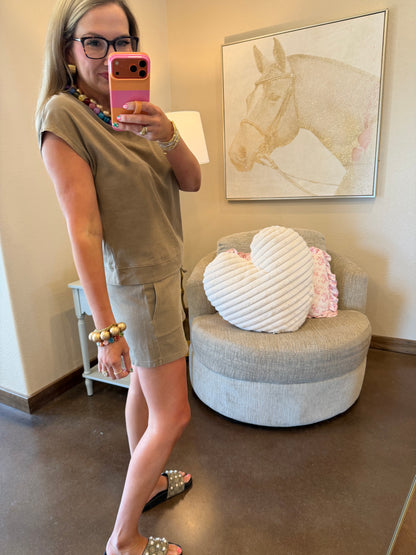 Mocha Sleeveless Crew Neck Top And Shorts Set
