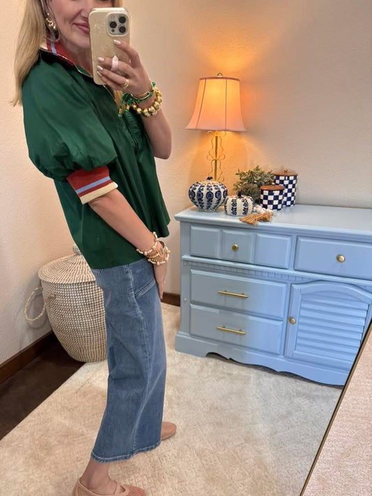 Green Colored Collar 1/2 Zip Puff Sleeve Top