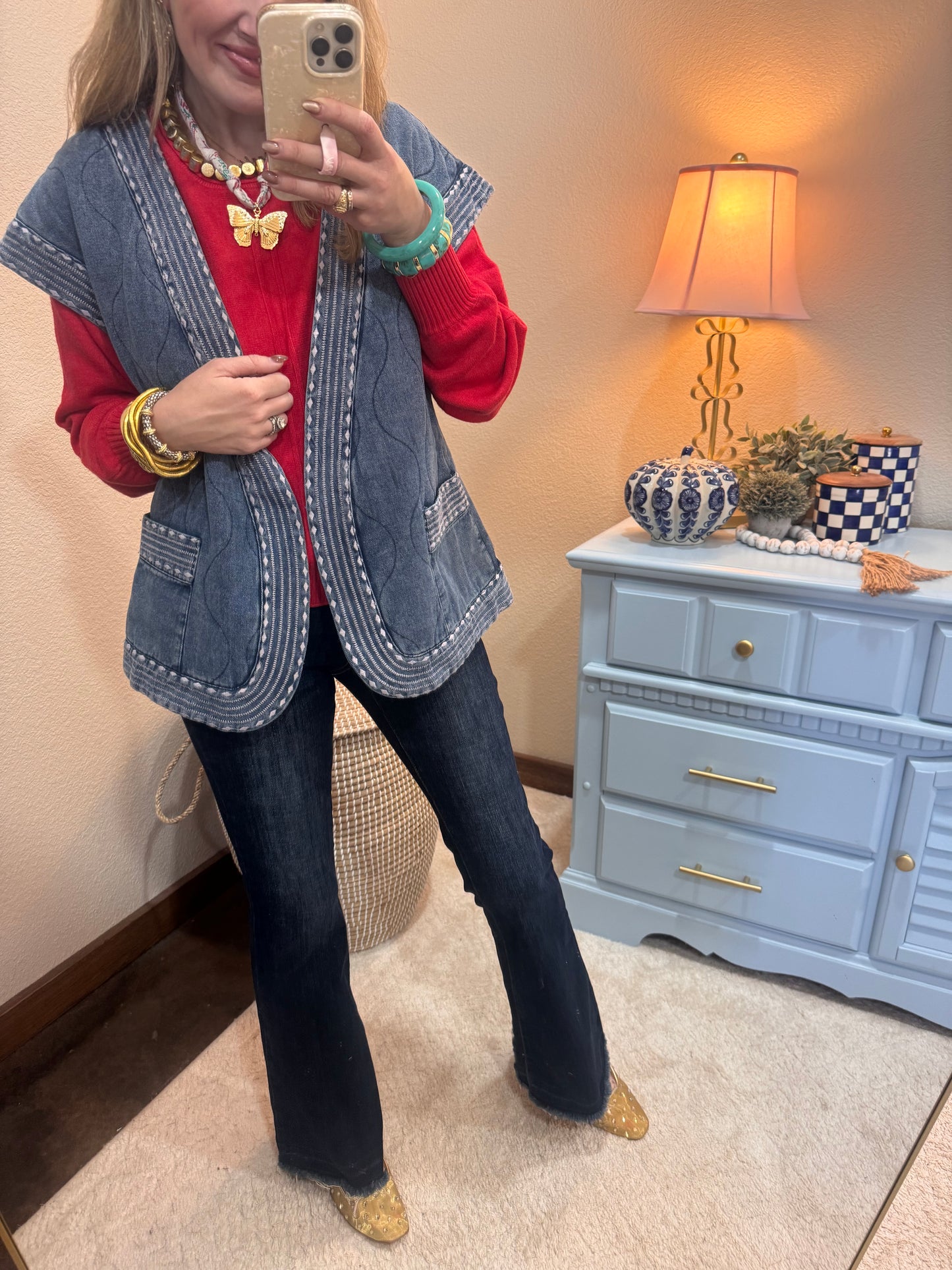 Red Viscose Front Seam Round-Neck Sweater