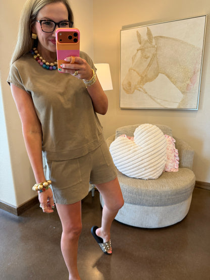Mocha Sleeveless Crew Neck Top And Shorts Set