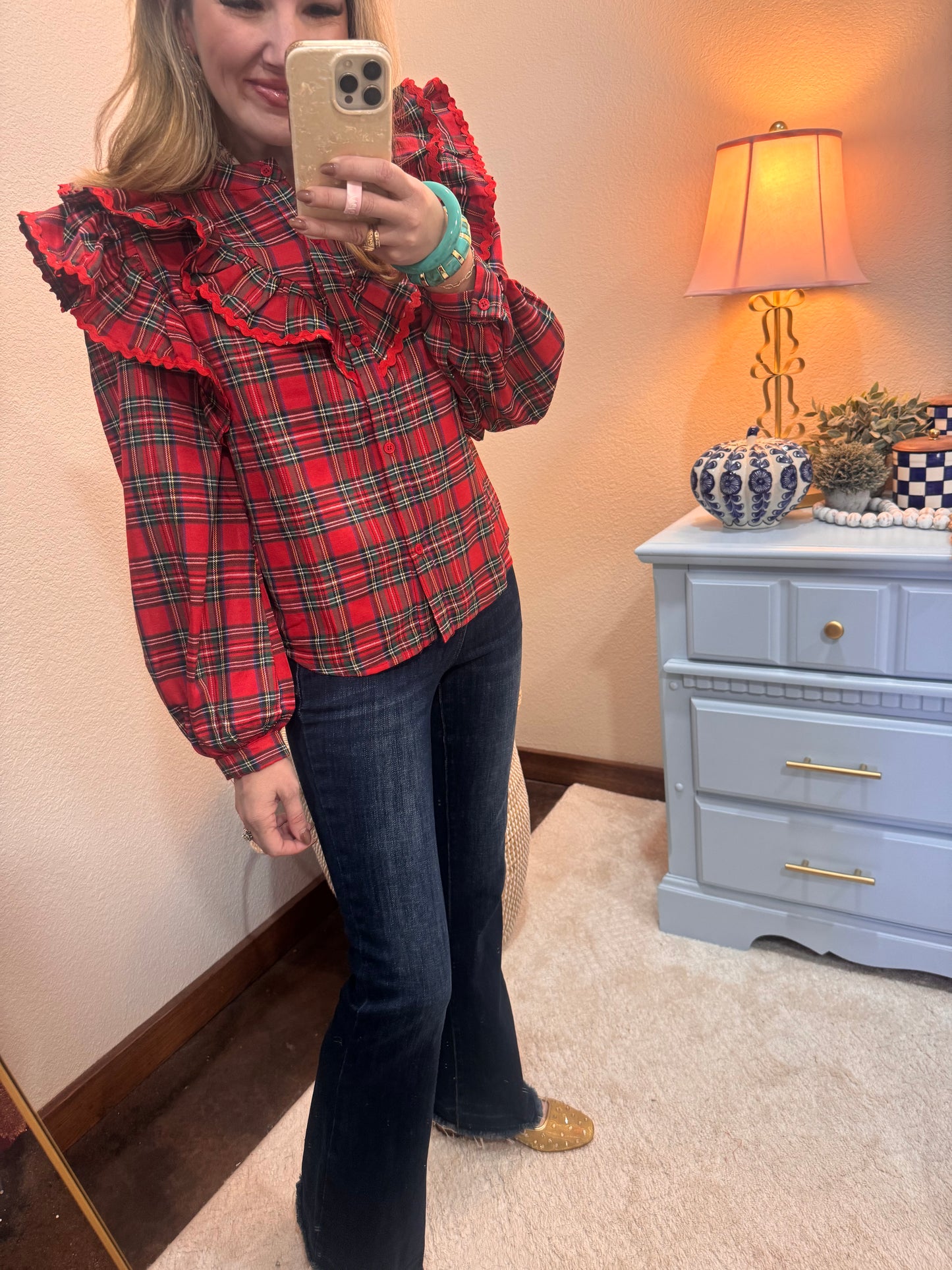 Christmas Plaid Ruffled Blouse Top With Ric Rac Trim