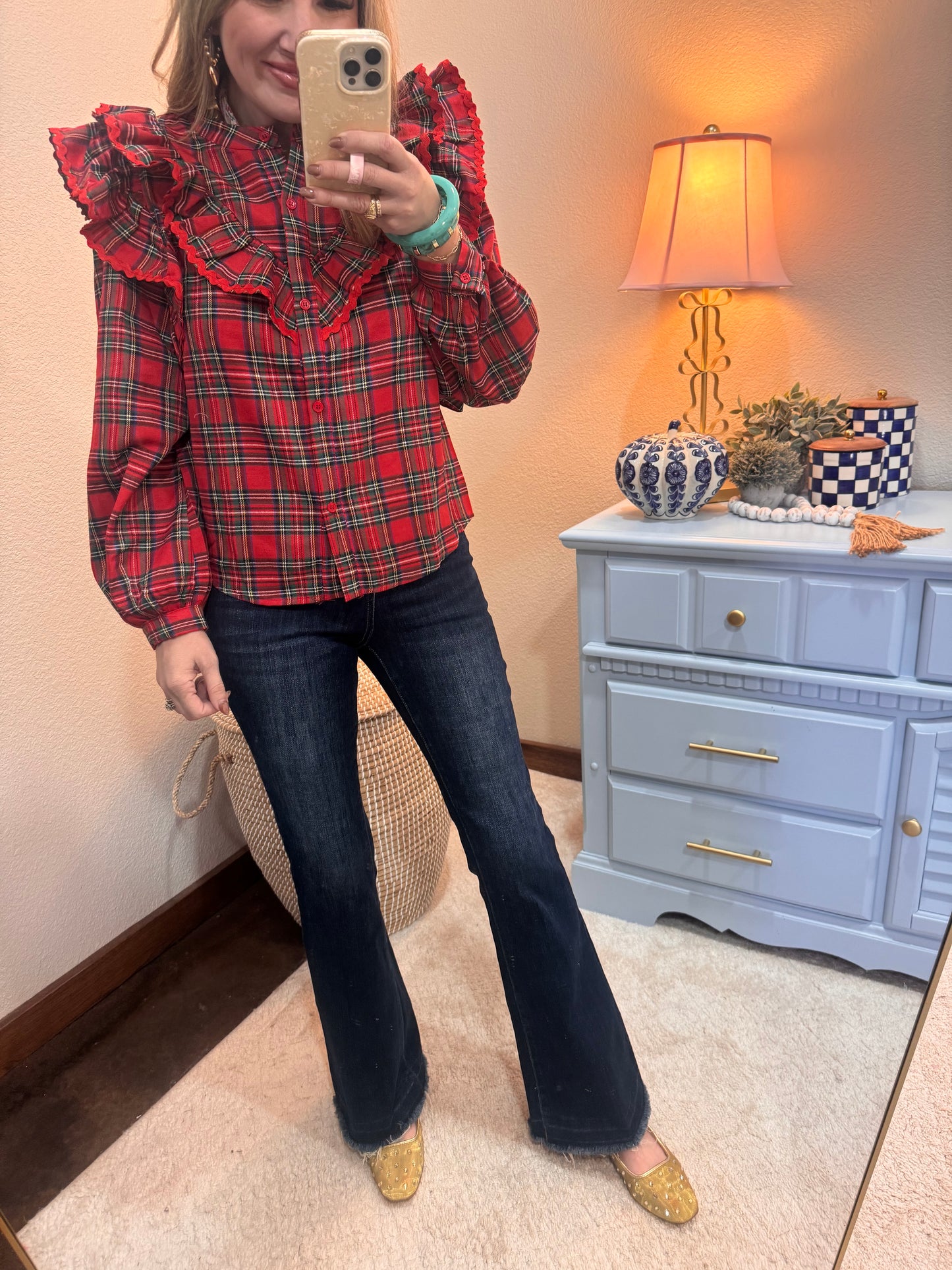 Christmas Plaid Ruffled Blouse Top With Ric Rac Trim