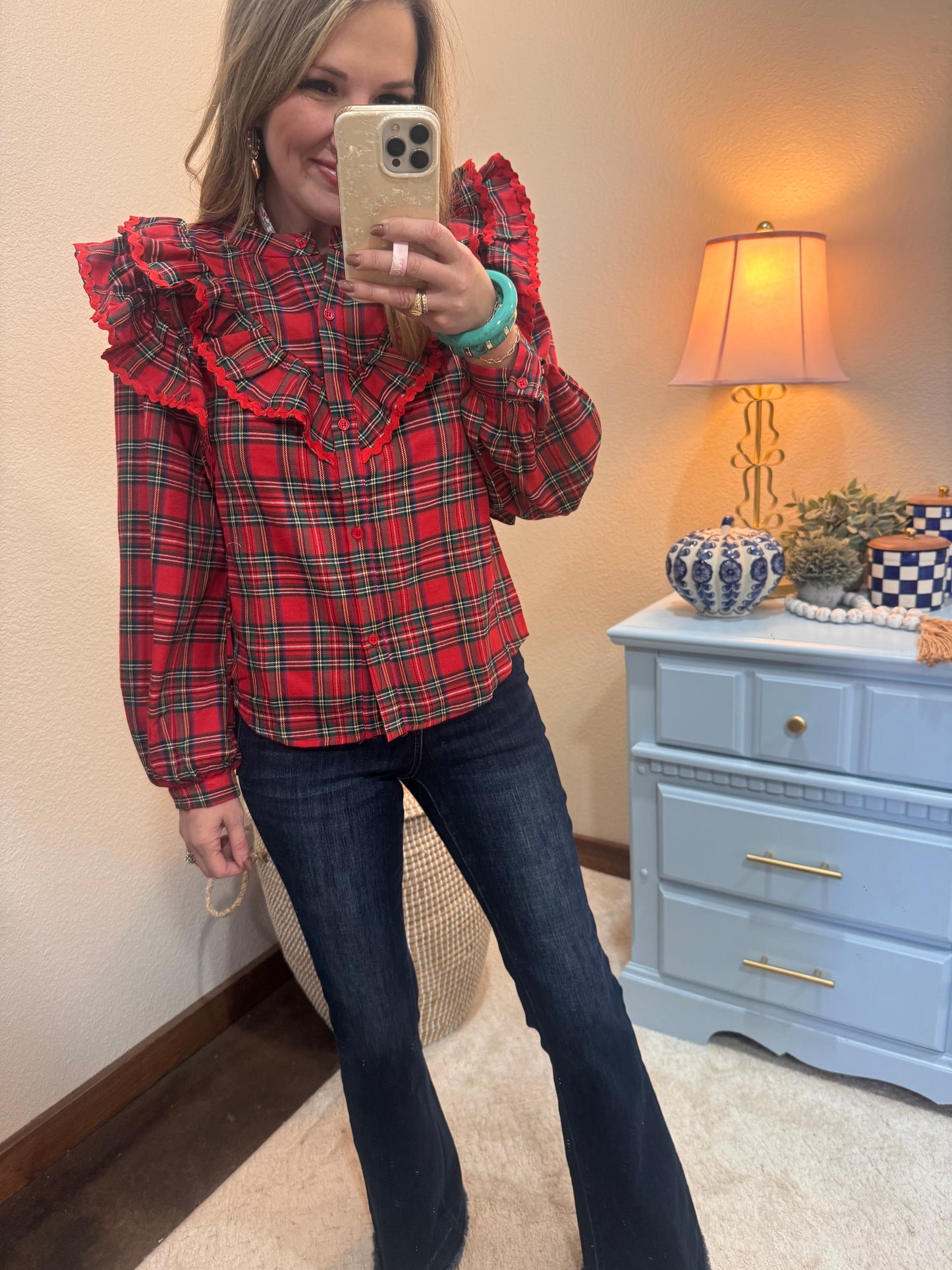 Christmas Plaid Ruffled Blouse Top With Ric Rac Trim
