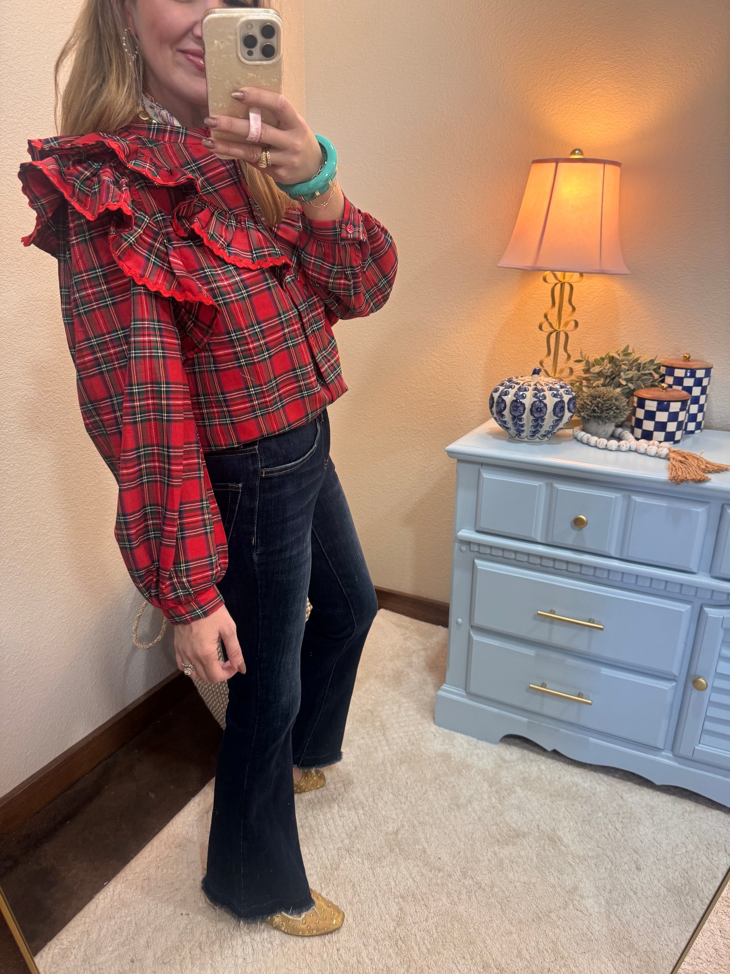 Christmas Plaid Ruffled Blouse Top With Ric Rac Trim