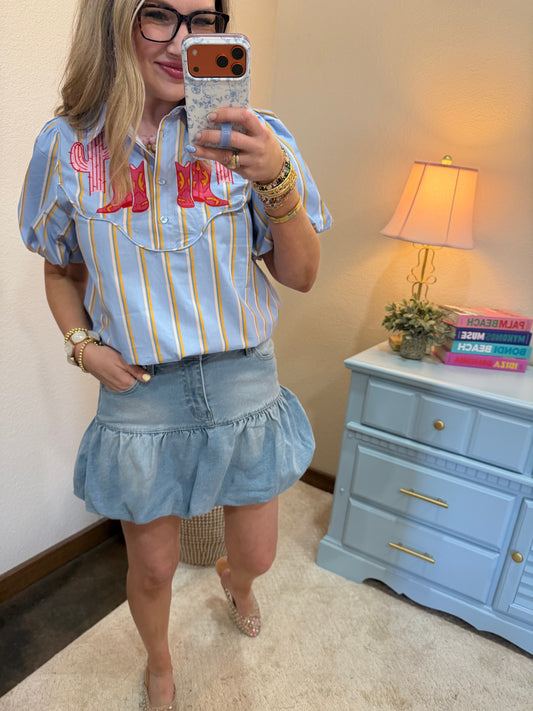 Blue Western Embroidery Accent Stripe Top