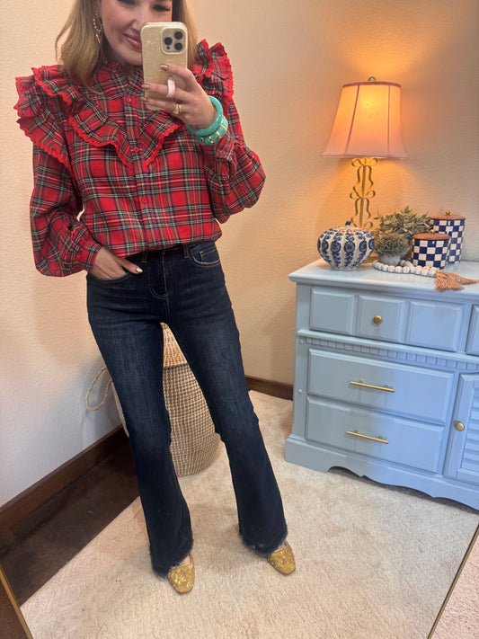 Christmas Plaid Ruffled Blouse Top With Ric Rac Trim